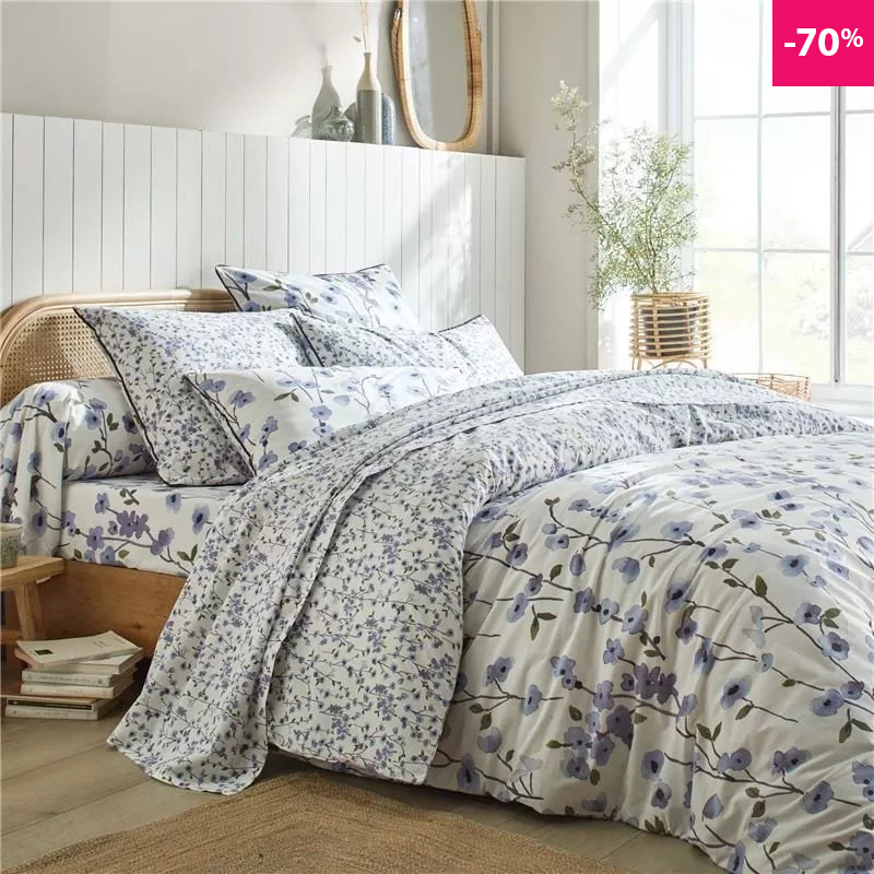 Linge de lit percale imprimé fleurs bleues - BECQUET CRÉATION